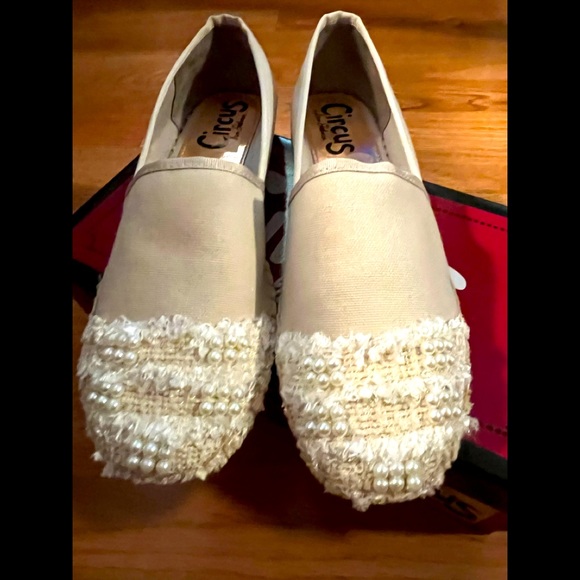 Circus by Sam Edelman Shoes - Circus by Sam Edleman Lane Ivory Canvas Espadrille Flats with Gold and Pearls